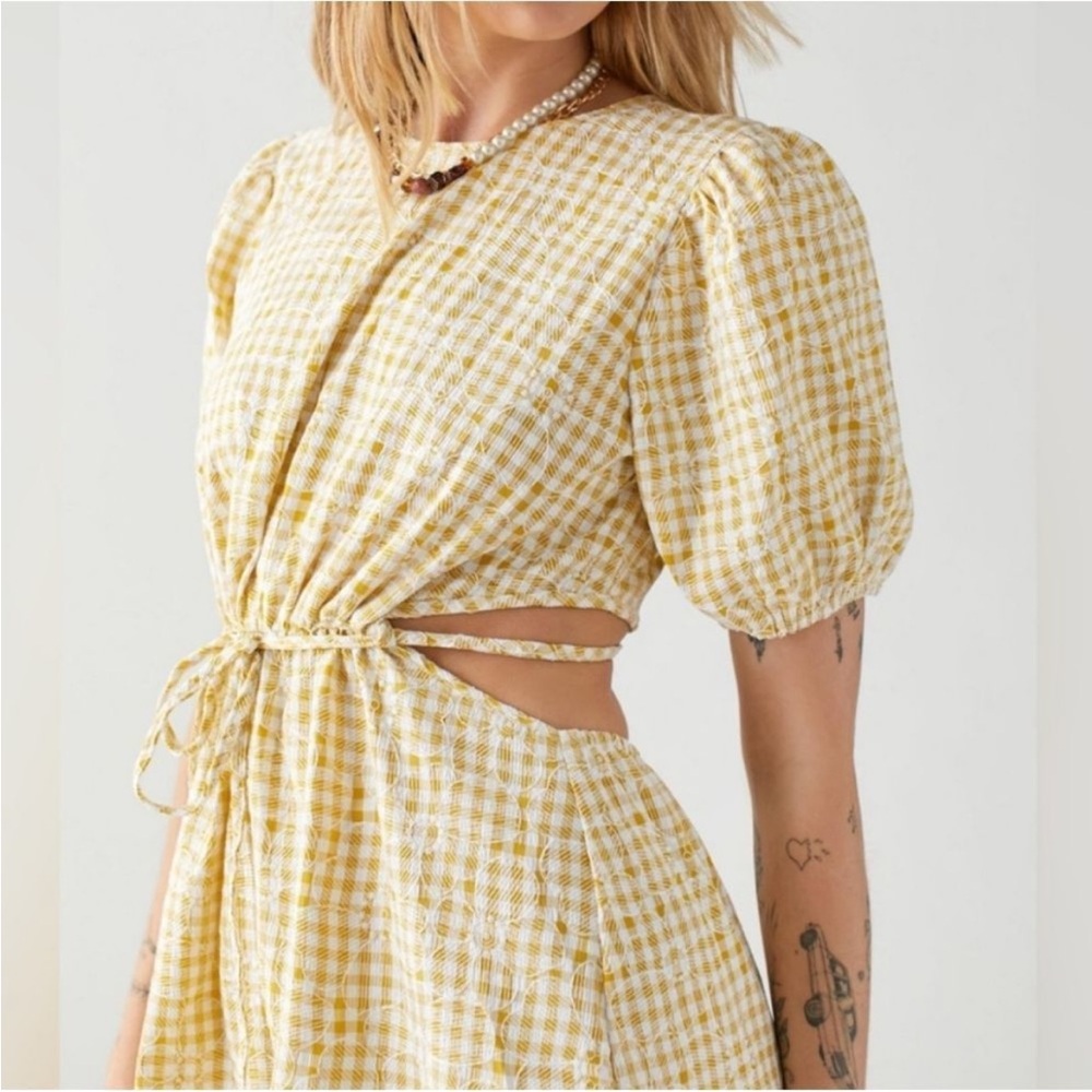 Anthropologie En Saison Gingham Floral Yellow Kanika Puff Sleeve Midi Dress